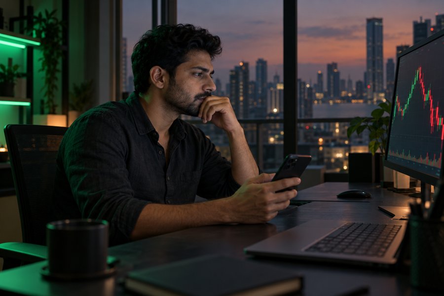 Illustration of an Indian man using a smartphone beside a trading monitor