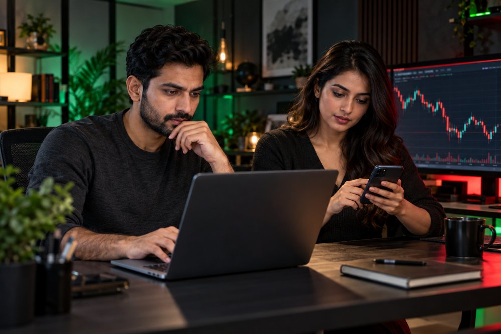 Illustration of two Indian adults reviewing trading charts on a laptop and smartphone
